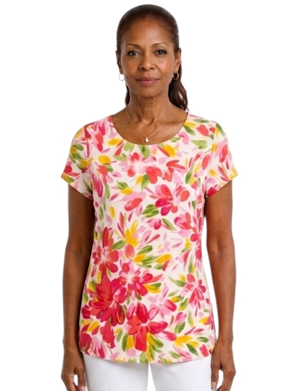 CB Pink Floral Scoop Neck Short Sleeve Slub T-shirt Size L